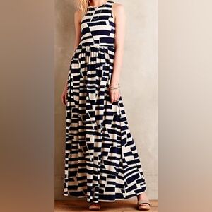 Antbropologie Navy and Cream Geometric Maxi Dress